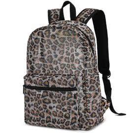 Kouxunt Leopard Mesh Backpack for Girls Women, See Through Casual School College Student Bookbag