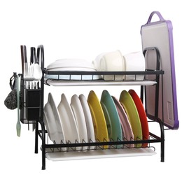 Cakwendon 2 Tier Dish Drying Rack with Drain Tray,Stainless Steel Dish Racks for Kitchen Counter,Kitchen Sink Organizer for Dishes,Utensils& Fork Knives,Cutting Boards Storage