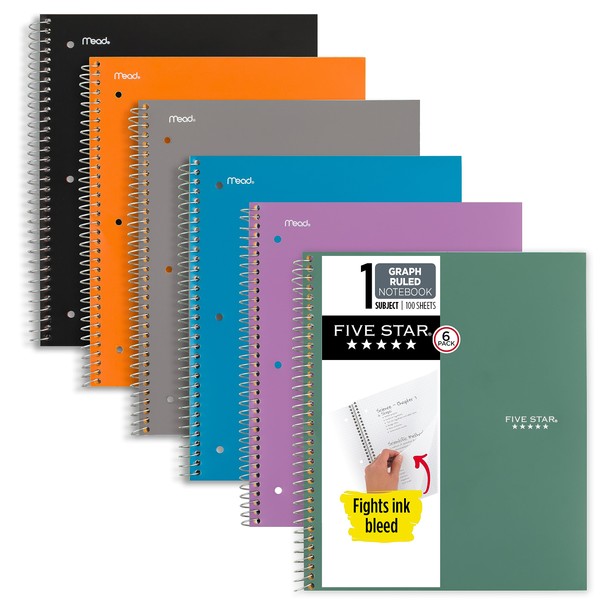 Five Star Spiral Notebooks, 6 Pack, 1 Subject, Graph Ruled Paper, Fights Ink Bleed, Water Resistant Cover, 8-1/2" x 11", 100 Sheets, Purple, Orange, Green, Blue, Gray, Black (73549)