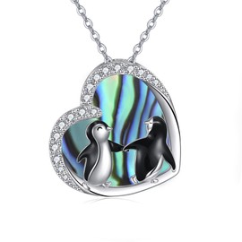 URONE Penguin Necklace Sterling Silver Penguin Animal Abalone Shell Pendant Necklace Penguin Christmas Jewelry Gifts for Women