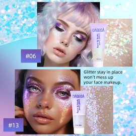 Prreal Body Glitter Gel, Face Glitters Body Gel Sequins Shimmer Liquid Eyeshadow, Chunky Glitter for Face Nails Hair, Holographic Mermaid Sequins for Festival Makeup 100 ml (White + Mystic Purple)