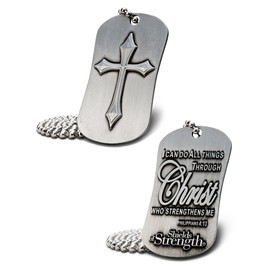 Shields of Strength Antique Finish Dog Tag with Cross Necklace - Philippians 4:13