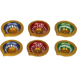Pound Veg Set of 6 Handmade terractor Diwali Diya Multicolour Oil Lamps for Pooja Deepak Decoration Rangoli Diva Deepam Decorative Lighting Accessories Traditional Indian Festival Decor
