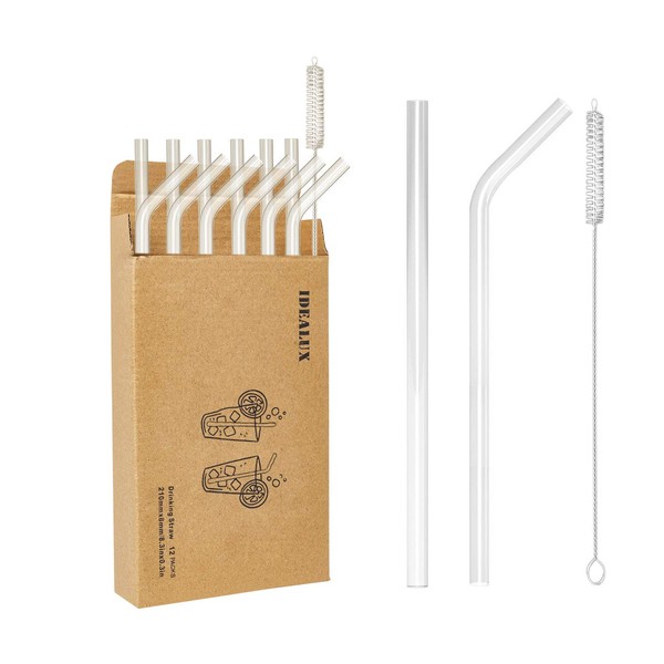 IDEALUX 12 Pack Reusable Glass Straws Set 7.87" X ∅0.32" Clear Drinking Straws, Glass Smoothie Straws Including 6 Straight and 6 Bent with Cleaning Brush, Perfect For Smoothies, Tea, Juice