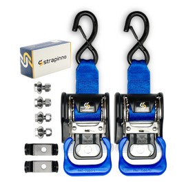 Strapinno 2PCS Stainless Steel Retractable Ratchet Straps (1 7/8 in x 4 ft) Transom Tie Downs for Boat Trailer - Extra Mounting Brackets & Bolt Set, Safety Latch S-Hook, Break Strength 1,650LB/750KG