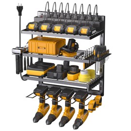 Power Tool Organizer Wall Mount with Charging Station, Adjustable 4 Layer Garage Tool Organizers and Storage Rack, 4 Drill Holder Wall Mount, Cordless Tool Organizer Rack for Screwdriver/Pliers/Hammer