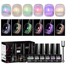 MTSSII 8 Pcs Cat Eye Gel Nail Polish Set, 6 Colors Colorful Holographic Dual Light Cateye Gel Polish with Base Top Coat and Magnet Stick Iridescent Laser Magnetic Nail Art DIY Manicure