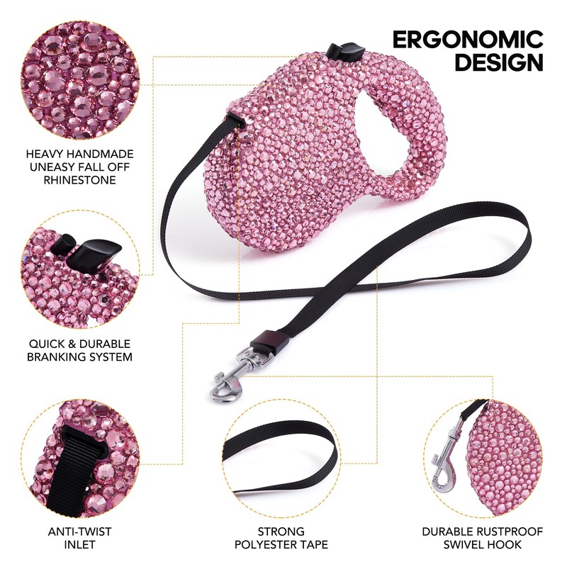 Sparkle Retractable Dog Leash,Pink Rhinestone Pet Walking Leash for Small