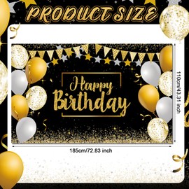 Tatuo Happy Birthday Decorations Backdrop Banner, Glitter Birthday Backdrop Sign Poster Party Supplies Photo Background for Men Women, 72.8 x 43.3 Inch(Black and Gold)