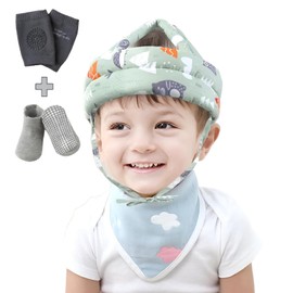 Casco de Seguridad para Bebé: Protector de Cabeza Ajustable con Rodilleras y Calcetas Antiderrapantes para Primeros Pasos y Gateo Antigolpes. (Verde)