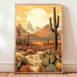 Mostemauo Vintage Cactus Wall Art, Canvas Painting, Sonoran Desert Landscape, 16x24inch, No Frame, Mid-Century Modern Decor
