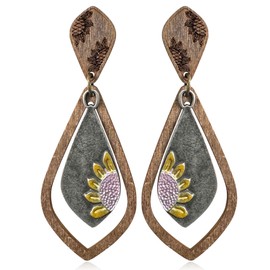 unixmoment Bohemian Handmade Vintage Copper Wood Leaf Flower Geometry Dangle Drop Earrings Sunflower Stud Earrings For Women (Teardrop Sunflower)