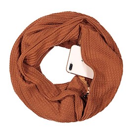 Pop Fashion Warmin-Up Pocket Scarf - Lightweight Knot Travel Scarves, Infinity Scarves with Zipper Pockets (Brown)