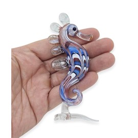 ChangThai Design Tiny 4" Blue Red White Seahorse Figurine - Miniature Hand Blown Glass Sea Horse Seadragon Fish Colorful Marine Life Small Crystal Animals Decorative Collectible Figurines Décor Gifts