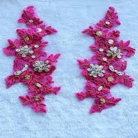 Handmade Appliques 1 Pair of Embroidery Sequin Lace Applique Sewing Flower Fabric Collar Patch Motif Wedding Gown Dress Bridal DIY Crafts (Rose red)