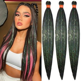 Black Pre Stretched Braiding Hair with Tinsel Glitter 30 Inch Box Braid Hair Extensions Shinny 3 Packs Yaki Texture Pre Feathered Festival Braids Hair