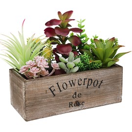 Hopewood Artificial Succulent Plants Arrangement in Wooden Planter, Fake Succulents Plants in Rustic Wood Box, Faux Succulent in Rectangular Pot, Centerpiece, Home Office Shelf Indoor Decor Plants