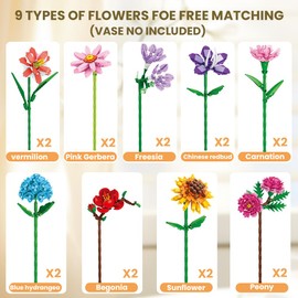 DIYDEC 18 Blumen Bauspielzeug für Erwachsene, 2180 Stück Blumen Bouquet Building Blumenstrauß Bausteine Bauklötze Spielzeug für Geburtstag Valentinstag Weihnachten (Keine Vase)