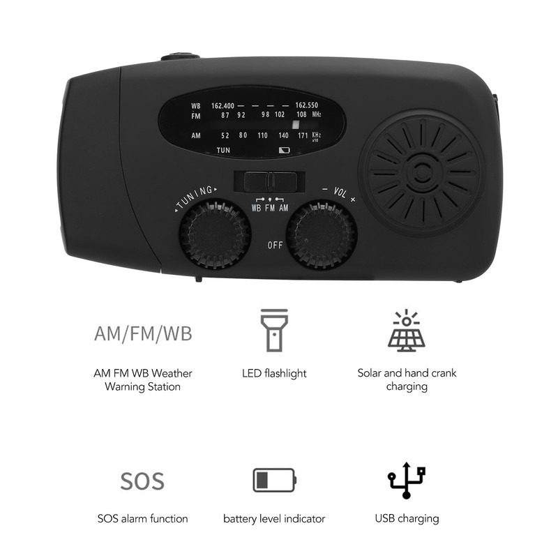 Solar Hand Crank Radio AM FM WB Weather Warning USB