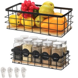 2 Pack Small Wire Baskets, Metal Wire Organizer Basket Bin, Narrow Storage Bin for Bathroom Counter, Farmhouse Organizing Container Caddy with Hooks, Rustic Home Storage Organizer with Wooden Bottom