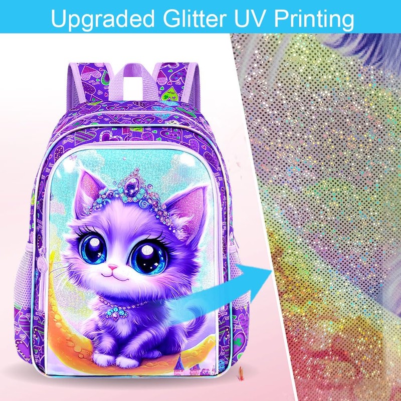 UFNDC 3PCS Cat Preschool Backpack, 16" Cute Moon Bookbag with