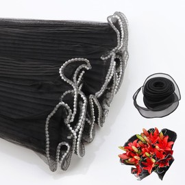Sopcone 4 Yards Flower Wrapping Mesh Paper, Florist Bouquet Supplies Pearl Edging Crinkle Translucent with 10 Yards Ribbons DIY Crafts Valentine's Day Wedding Party Decoration Floral Wrap (Black)