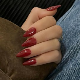 Red False Nails Medium, SXVME Red Press on Nails Almond Solid Color Full Cover Fake Nails Medium Almond Nails Press on New Year Stiletto Stick on Nails for Women DIY Nail Art 24 Pcs