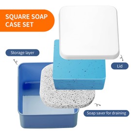 Square Soap Travel Case Set of 2, Navy Blue Plastic Soap Holder with Lid Portable Bar Soap Dish Box with Soap Saver Pad for Travelling Gym Camping Bathroom