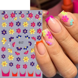 6 Flower Nail Stickers - French Tip, Colorful Daisy Designs, 3D Self-Adhesive Nail Decals for Summer DIY Nail Art Supplies
