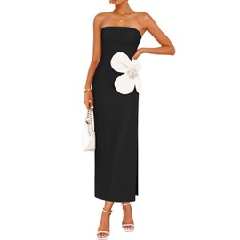 ZESICA Women's Summer Strapless Bodycon Maxi Dress 2025 Ribbed Knit Backless Floral Tube Cocktail Party Long Dresses,Black,Small