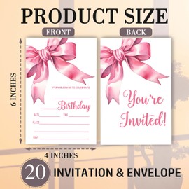 MXLINSW Pink Bow Birthday Invitations, Cute Pink Birthday Invites, 20 Birthday Party Invite Cards with Envelopes, Funny Happy Birthday Cards for Kids Girls Wedding Party, 4" x 6"-A03