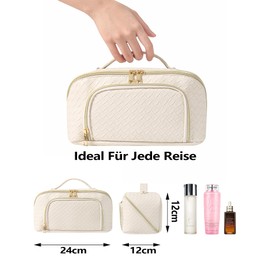 Large Cosmetic Bag Makeup Bag Waterproof PU Leather Travel Makeup Bag with Large Wide Open Bag for Women (Vintage Beige)
