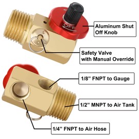 Hromee Air Tank Manifold Tool with Fill Port, Aluminum Shut Off Safety Valve and Relief Bypass 1/2" NPT Tank x 1/4" NPT Hose x 1/8" NPT Gauge for Air Compressor Portable Carry Tank