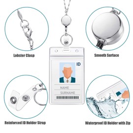 Zonon Retractable Badge Reel Lanyard with ID Holder for Women, Cruise Lanyard Stainless Steel Necklace with 3 Pieces Name Badge Holder Clip for Teacher (Silver,43 Inches)