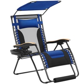 Yaheetech 29in Zero Gravity Chair, Adjustable Patio Padded Anti Gravity Recliner Foldable Outdoor Lounger with Cup Holder Tray, Canopy Shade and Headrest for Beach Camping Navy Blue/Black/1