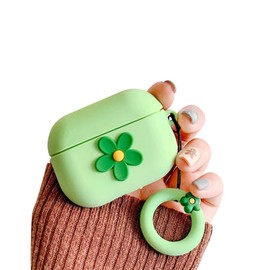 Ownest Compatible for AirPods Case Cute Cartoon Flower Pattern Girls Woman Soft Silicone Shockproof Keychain Design Cover for Airpods Pro-Green