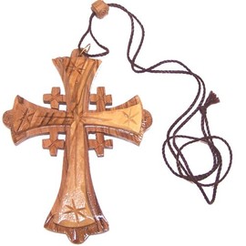 Holy Land Market Large Grade A olive wood Jerusalem Cross necklace (4 inches - Cord can be adjusted)