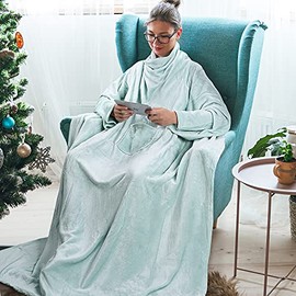 Wearable Fleece Blanket with Sleeves for Adult Women Men, Super Soft Comfy Plush TV Blanket Throw Wrap Cover for Lounge, Couch, Reading, 73" x 51" Aqua