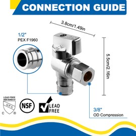 1/4 Turn Angle Stop Valve, 1/2" Expansion Pex F1960 X 3/8" OD Compression For Toilets And Faucets (Pack of 2)