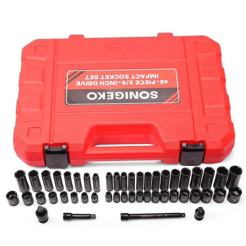 SONIGEKO Socket Set 3/8" Drive Impact Socket Set,48-Piece 6 Point