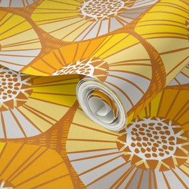 Peel & Stick Wallpaper 12ft x 2ft - Sunflower Field Flower Yellow Flowers Retro Grey Abstract Sun Custom Removable Wallpaper by Spoonflower
