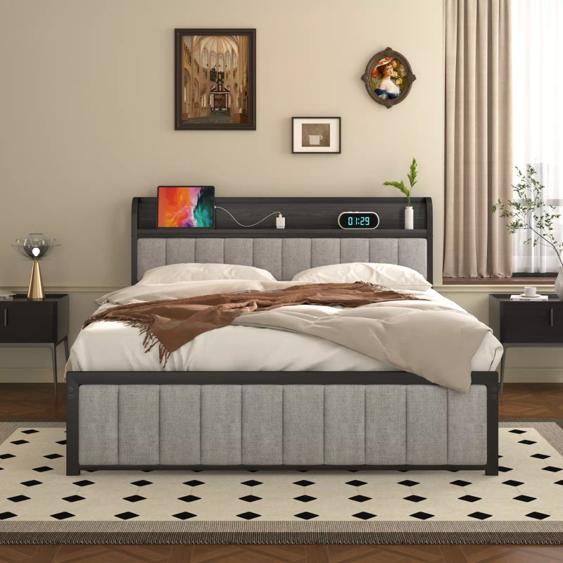 Vecelo Bed Frame with Storage Headboard Power Outlet Full Queen