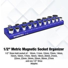 WORKPRO Magnetic Socket Organizer, 1/2-Inch Metric Socket Holder, Socket Trays Holds 19 Pieces Standard Size and Deep Size Sockets(Socket not Included)