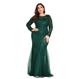 Plus Size Long Sleeve Sequin Evening Dress Glitter Mermaid Long Gown for Mother of The Bride Or Wedding Guest Emerald Green L