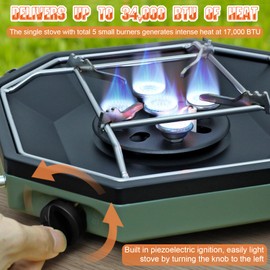 Camping Stove Propane Two Burner, 34000BTU Foldable Camp Stove Gas Propane Burners for Outdoor Cooking, Portable Stoves Gas Burners with Windsheild, Carrying Bag, Grates, Regulator