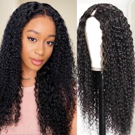 draconenee Curly V Part Wigs Human Hair Upgrade U Part Wig Human Hair Wigs for Black Women Glueless V Part Jerry Curly Wig Wear And Go No Leave Out 180% Density Natural Black Color 24 inch