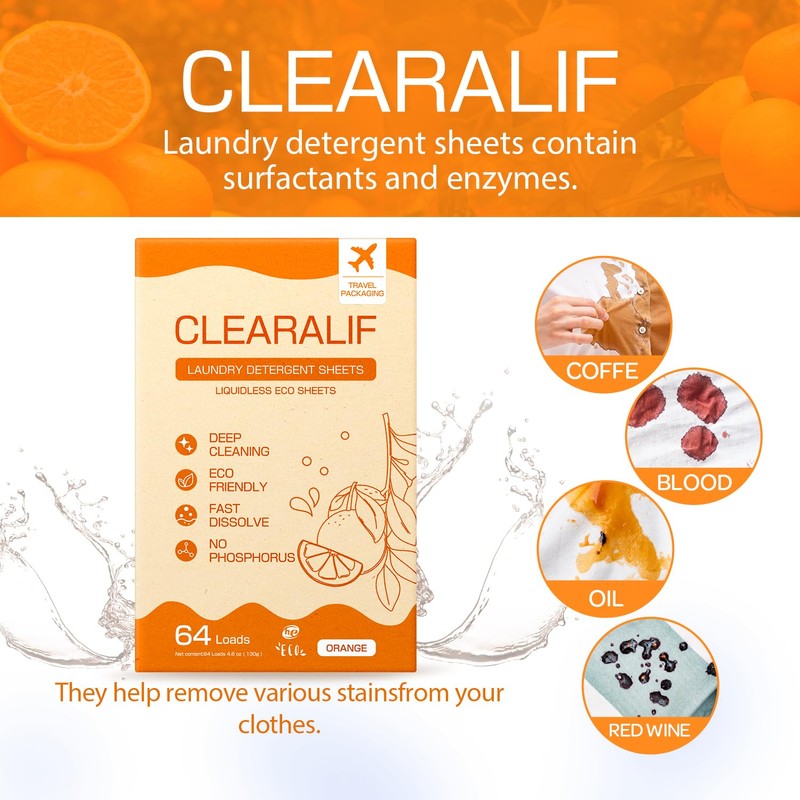 CLEARALIF Laundry Detergent Sheets, Orange, 64 Load, CLEARALIF Laundry Detergent