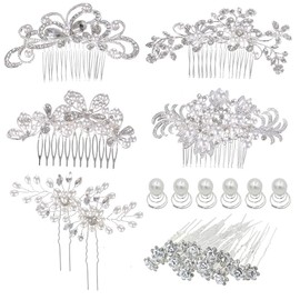 inSowni 32 Pack Silver Wedding Hair Side Combs Slides+U-shaped & Twist Spiral Bridal Hair Pins Headpieces Clips Barrettes Rhinestones Pearls Hair Accessories for Women Girls Brides Bridesmaids