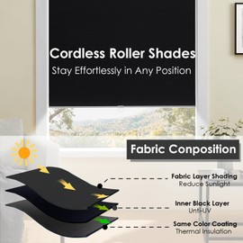 TOVALOR Cordless 100% Blackout Roller Shades for Windows,UV Protection Pull Down Shades,Room Darkening Door Blinds Thermal Insulated Fabric for Home Office and Bedroom(17" W x 72" H,Black)