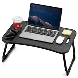 ZEAPTAC Laptop Bed Desk, Foldable Lap Table, Portable Study Table, Laptop Stand with Cup Holder & Tablet Slot & Lifting Handle for Working Writing Drawing & Eating - Black